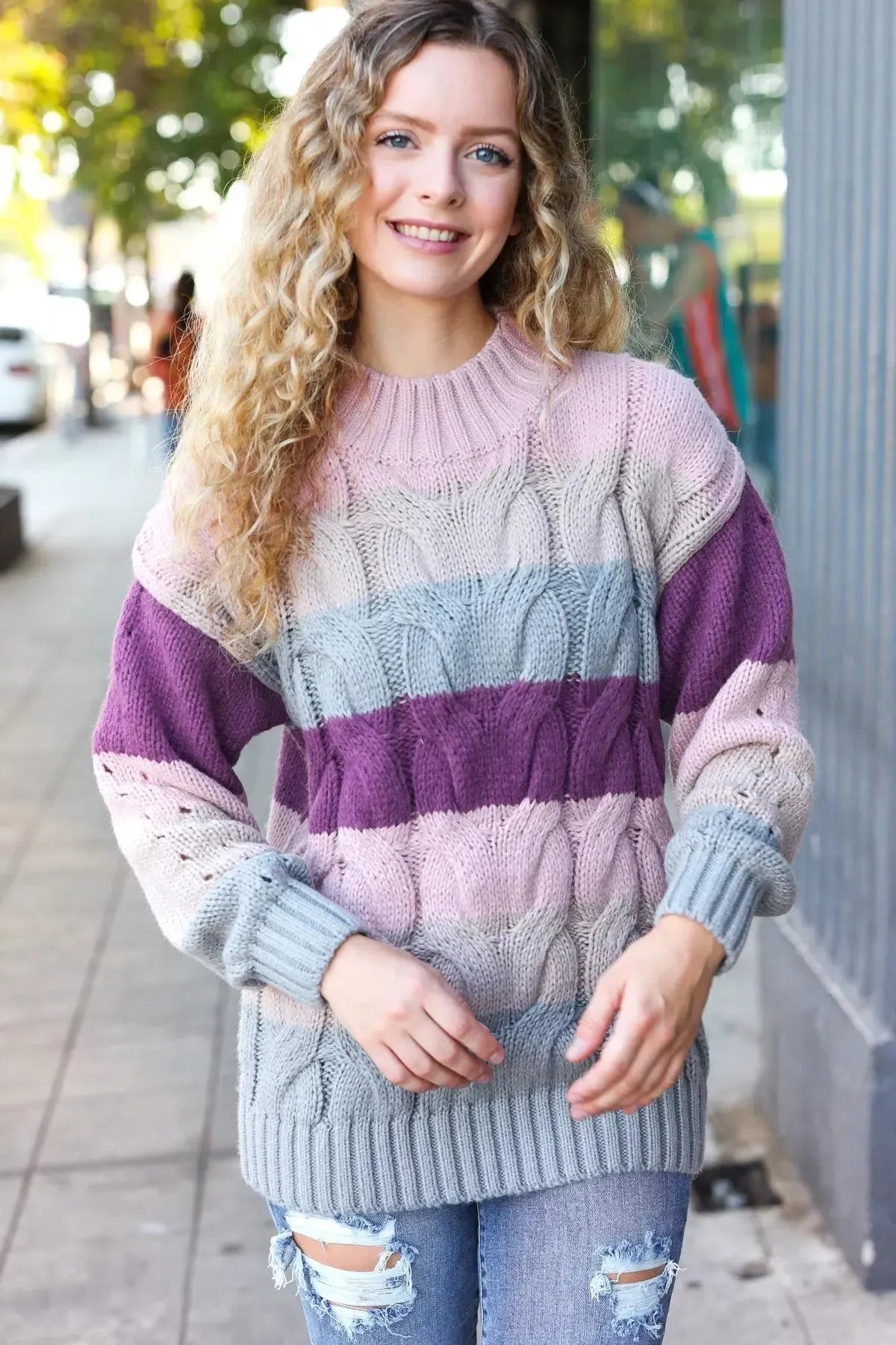Fall For You Mauve Multicolor Stripe Cable Knit Mock Neck Sweater-2024 Blow-Out Sale-Evelyns Fashion