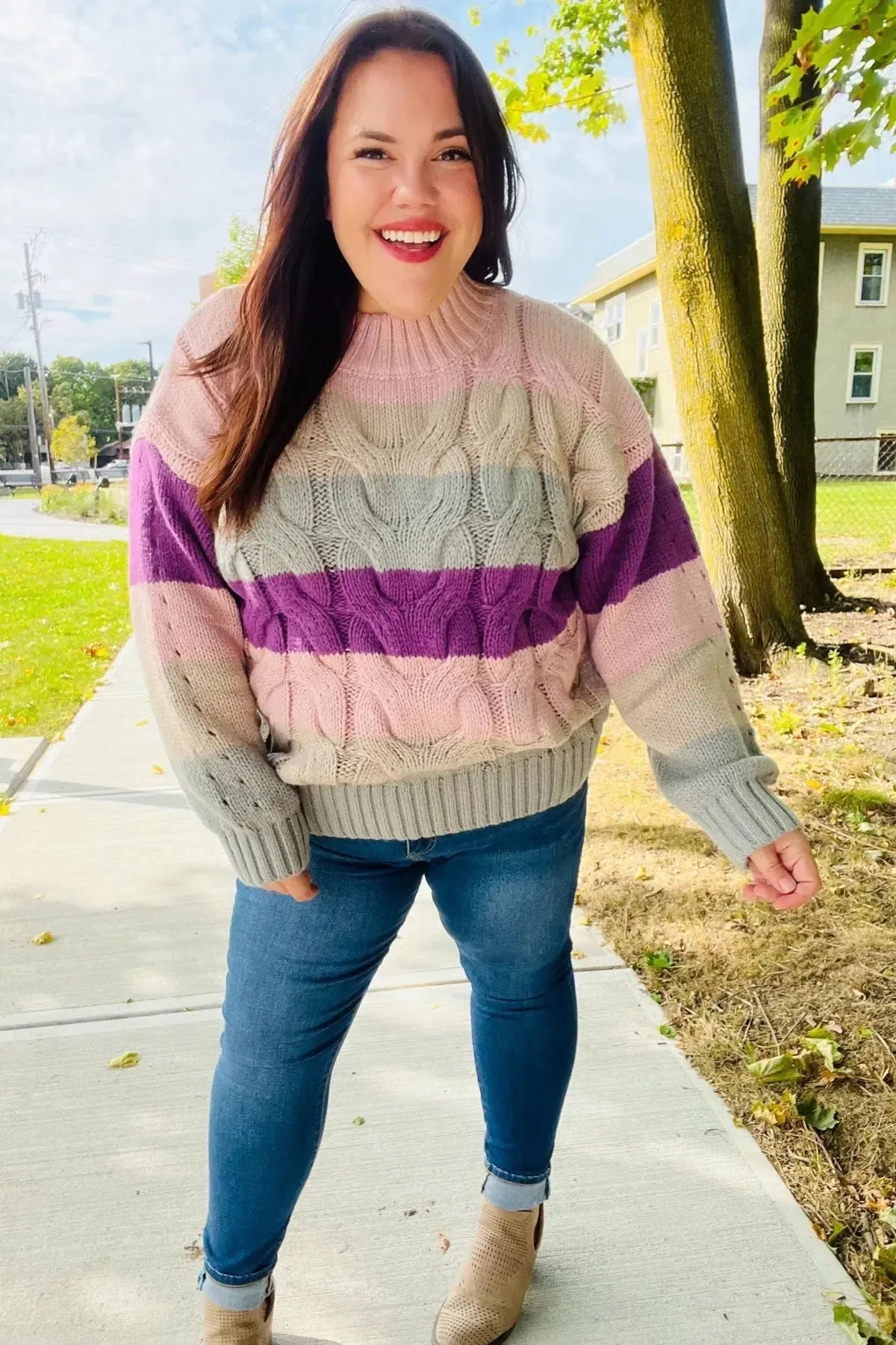 Fall For You Mauve Multicolor Stripe Cable Knit Mock Neck Sweater-2024 Blow-Out Sale-Evelyns Fashion