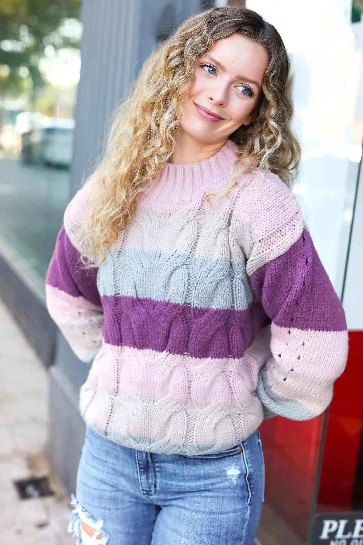 Fall For You Mauve Multicolor Stripe Cable Knit Mock Neck Sweater-2024 Blow-Out Sale-Evelyns Fashion