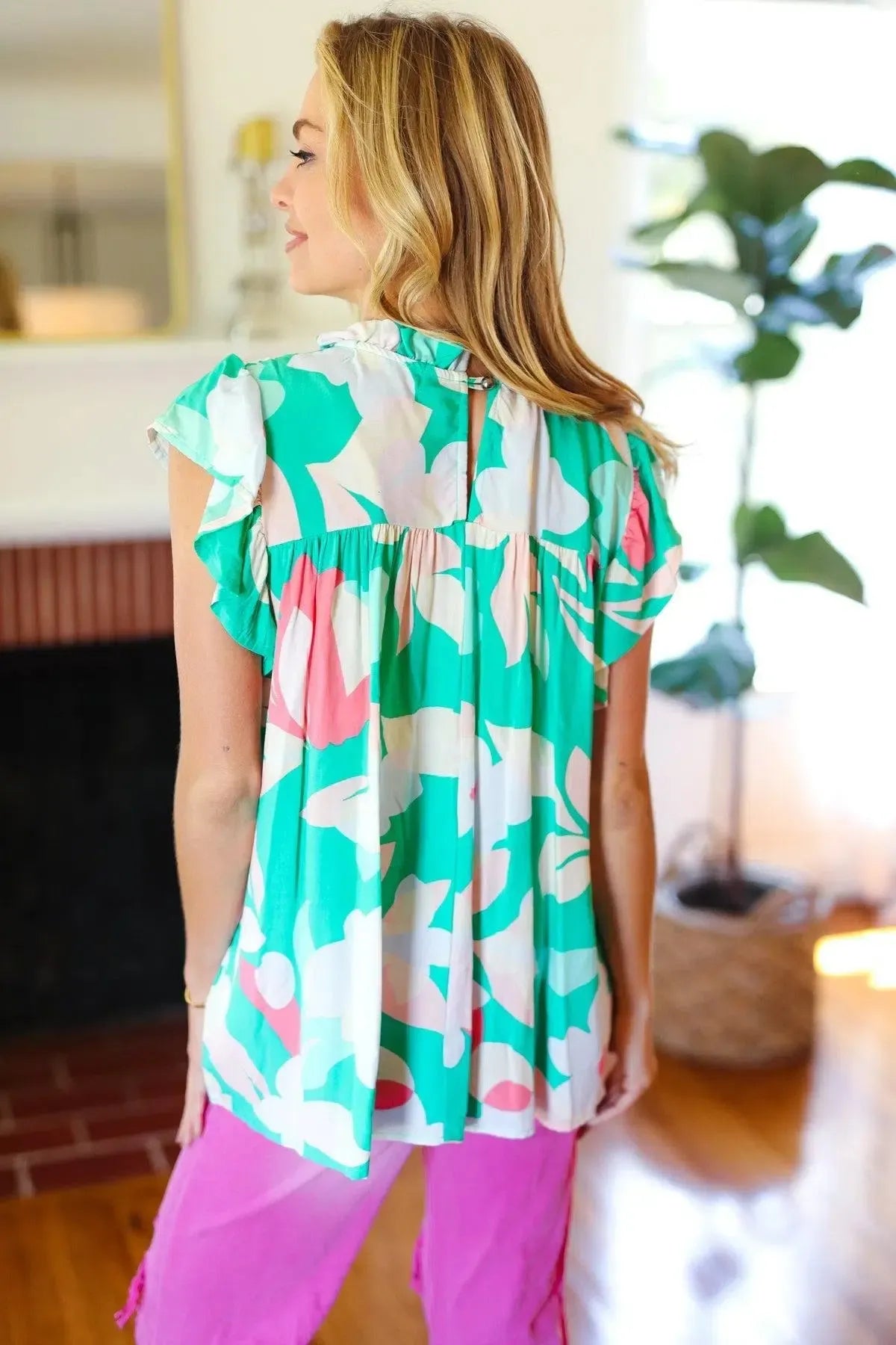 Feeling Joyful Aqua Floral Mock Neck Flutter Sleeve Top-2024 Summer Blow Out Sale-Evelyns Fashion
