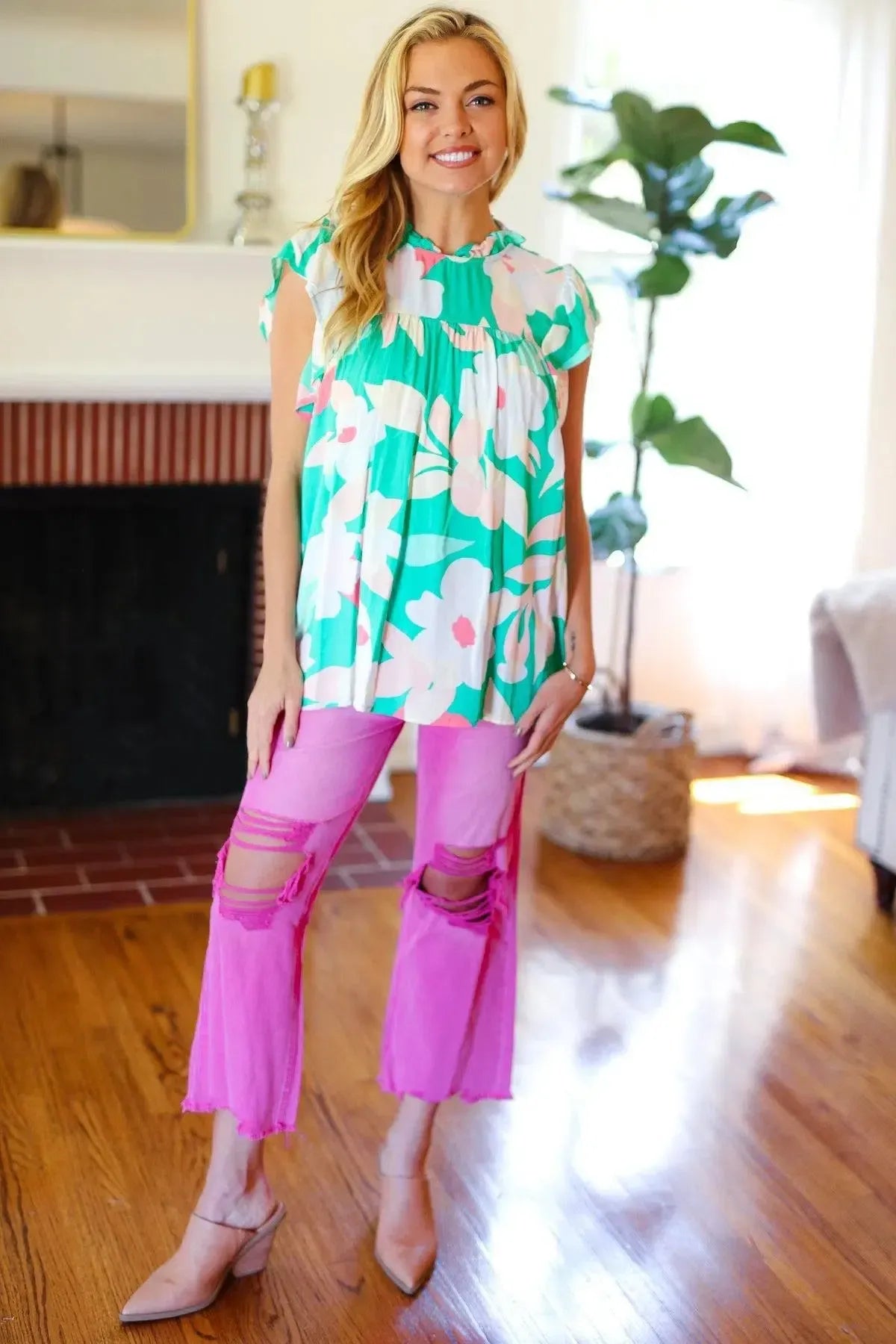 Feeling Joyful Aqua Floral Mock Neck Flutter Sleeve Top-2024 Summer Blow Out Sale-Evelyns Fashion