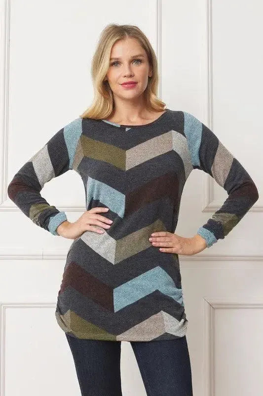 Flattering & Chic: Shirred Side Accent Top-long sleeve-Evelyns Fashion