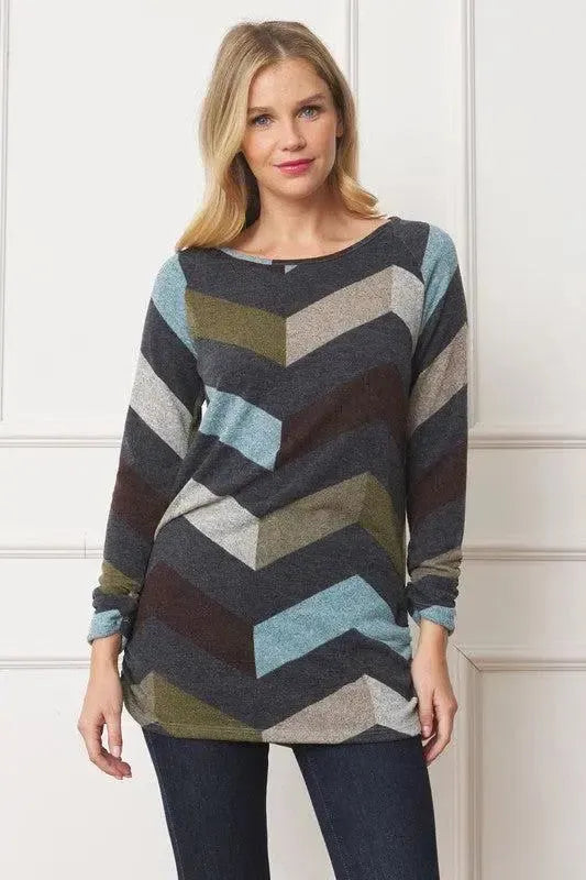 Flattering & Chic: Shirred Side Accent Top-long sleeve-Evelyns Fashion