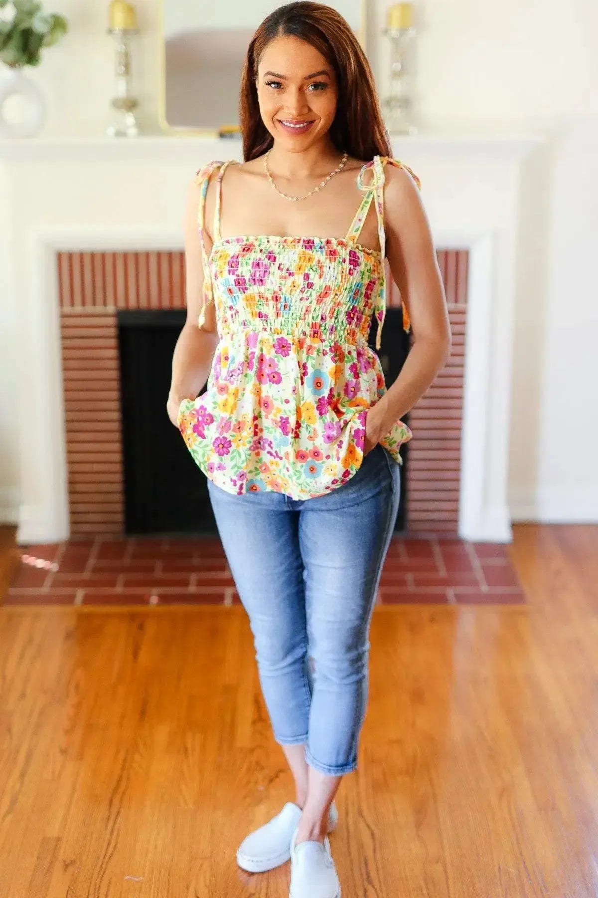 Floral Smocked Shoulder Tie Top for Sunny Days-2024 Blow-Out Sale-Evelyns Fashion