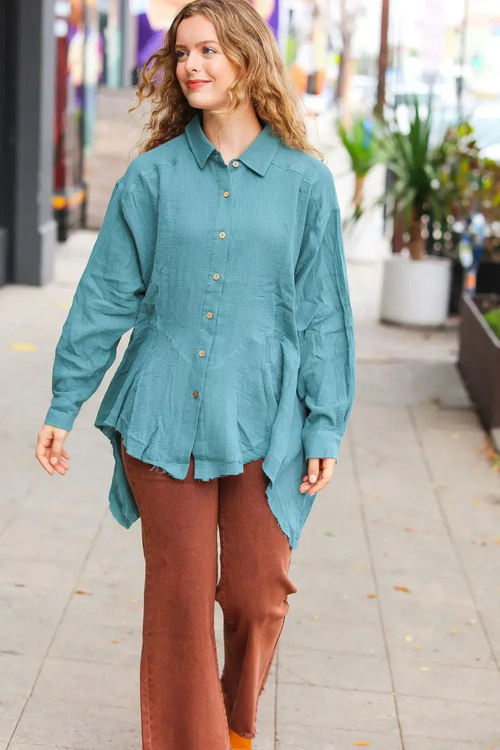 Flowy Elegance: Beautiful You Teal Button Down Sharkbite Tunic-2024 Blow-Out Sale-Evelyns Fashion