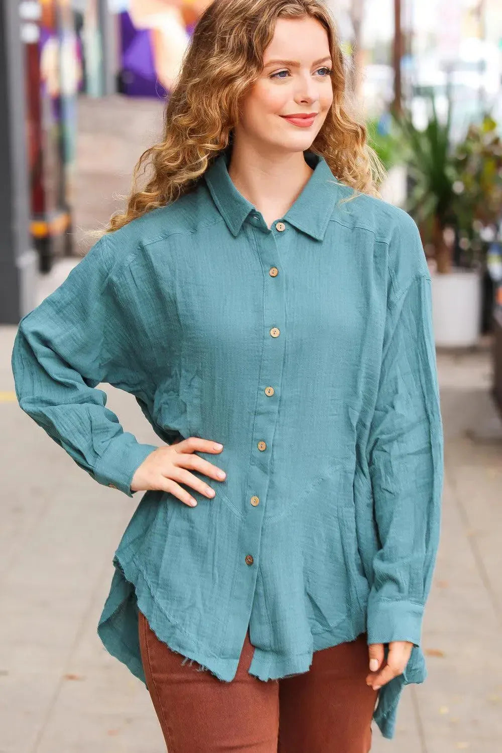 Flowy Elegance: Beautiful You Teal Button Down Sharkbite Tunic-2024 Blow-Out Sale-Evelyns Fashion