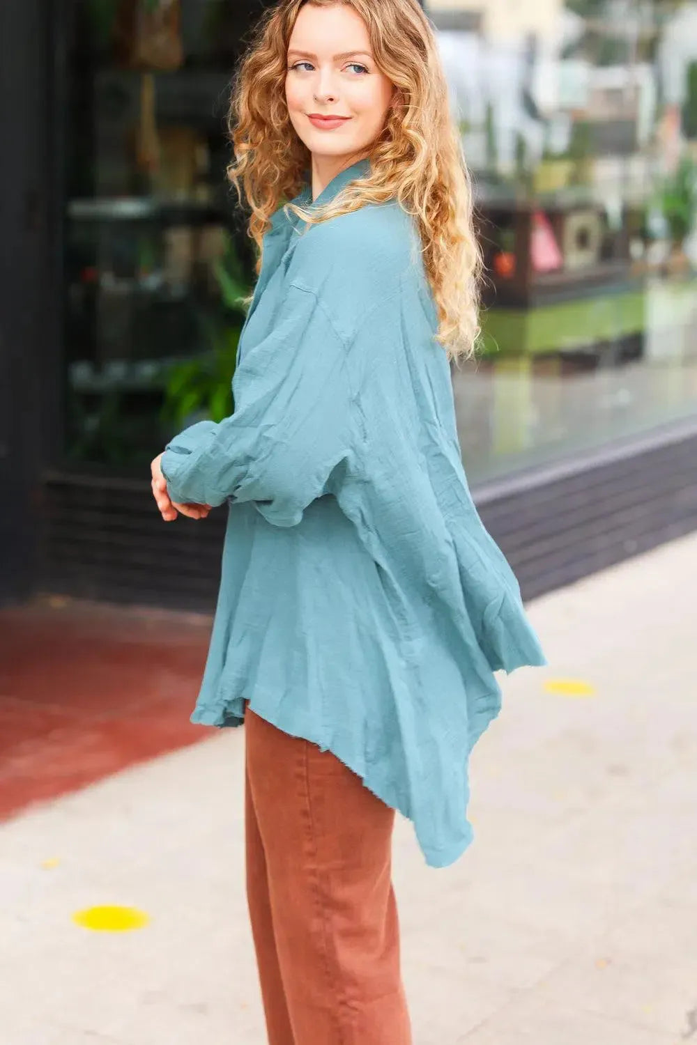 Flowy Elegance: Beautiful You Teal Button Down Sharkbite Tunic-2024 Blow-Out Sale-Evelyns Fashion