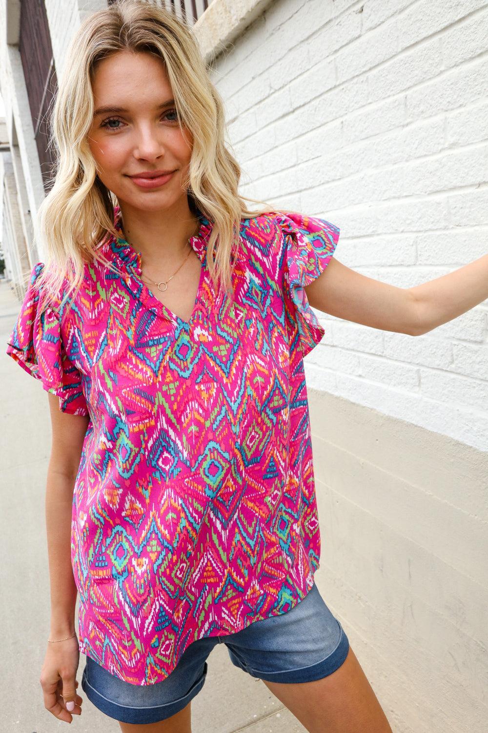 Fuchsia Abstract Blouse – Bold, Lightweight & Statement-Making-Short Sleeve Blouse-Evelyns Fashion
