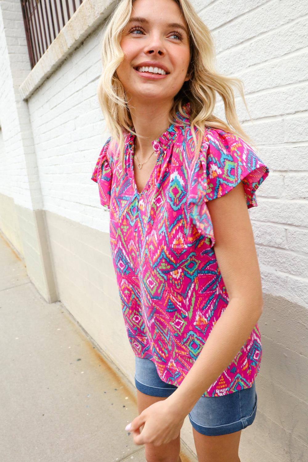 Fuchsia Abstract Blouse – Bold, Lightweight & Statement-Making-Short Sleeve Blouse-Evelyns Fashion