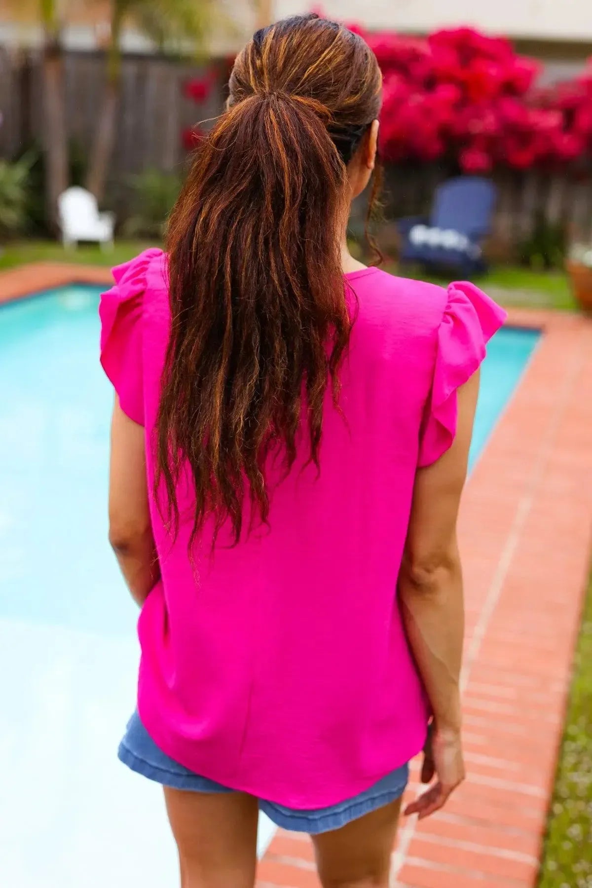 Fuchsia Banded V Neck Flutter Sleeve Top for Summer Style-2024 Blow-Out Sale-Evelyns Fashion