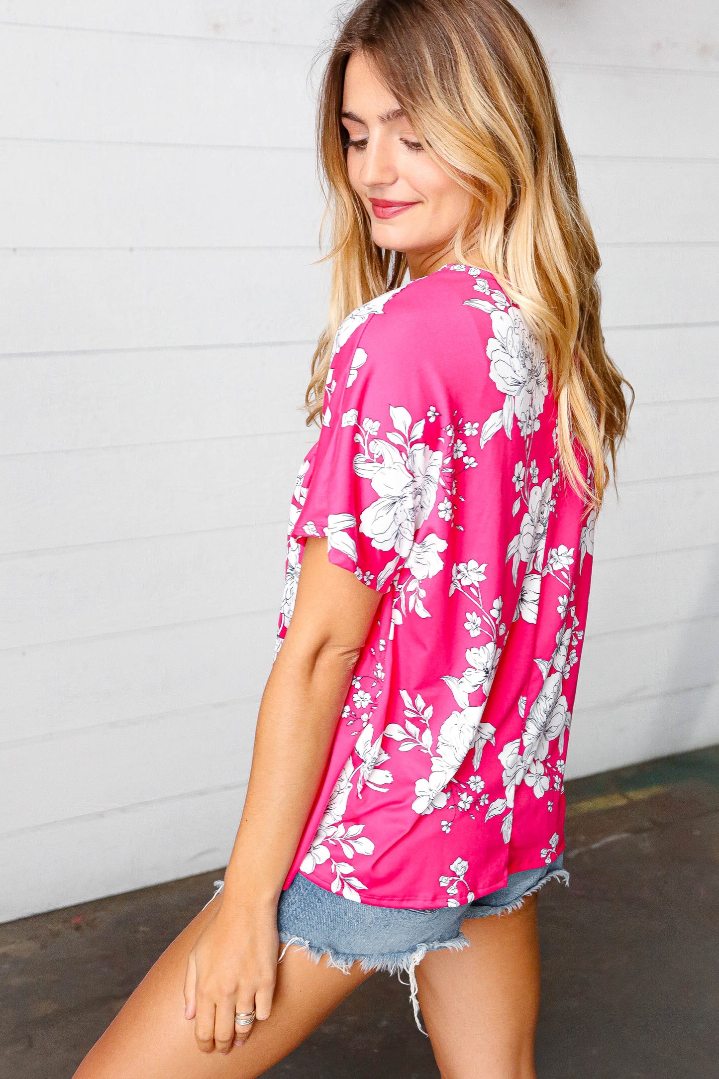Fuchsia Floral Dolman Top-Short Sleeve Blouse-Evelyns Fashion