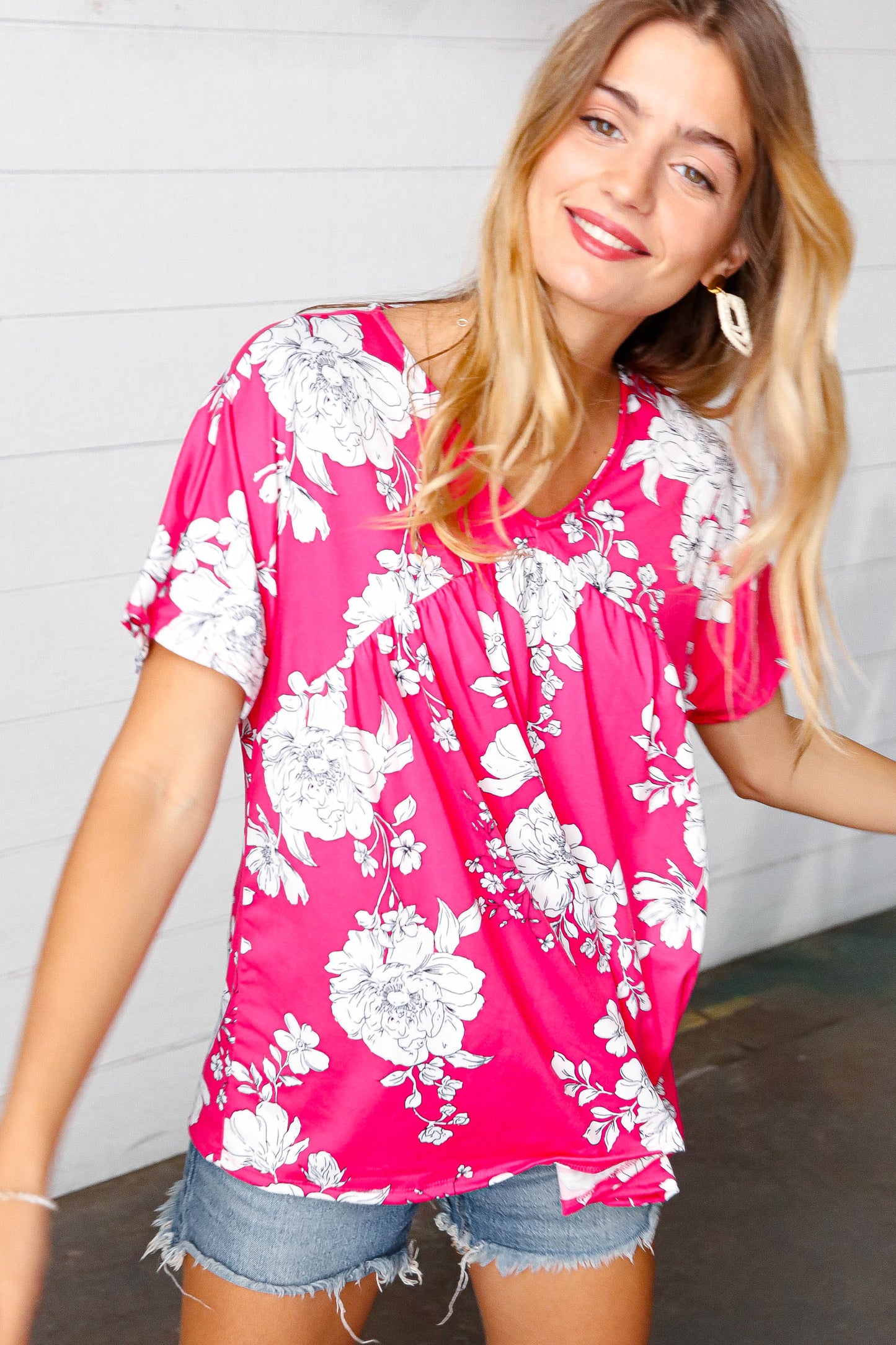 Fuchsia Floral Dolman Top-Short Sleeve Blouse-Evelyns Fashion