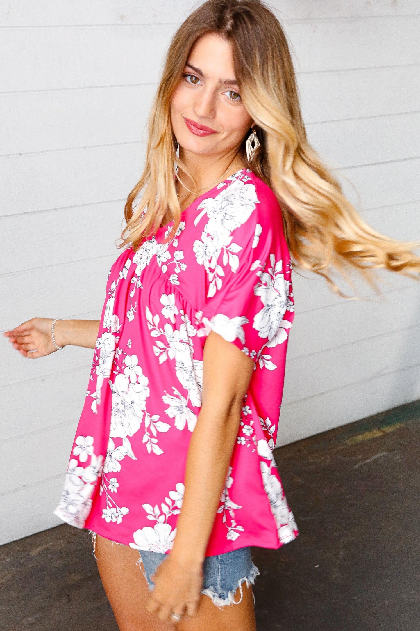 Fuchsia Floral Dolman Top-Short Sleeve Blouse-Evelyns Fashion