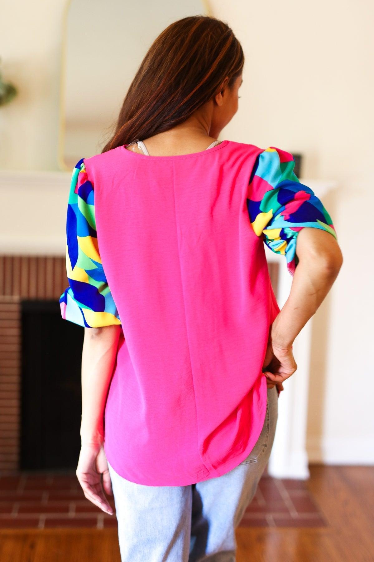 Fuchsia Geo Print V Neck Top-Short Sleeve Blouse-Evelyns Fashion