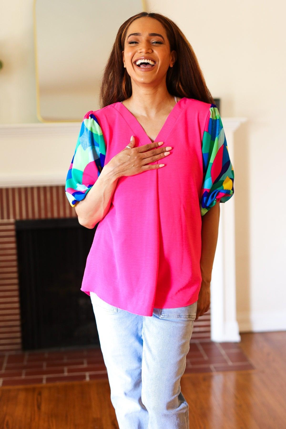Fuchsia Geo Print V Neck Top-Short Sleeve Blouse-Evelyns Fashion