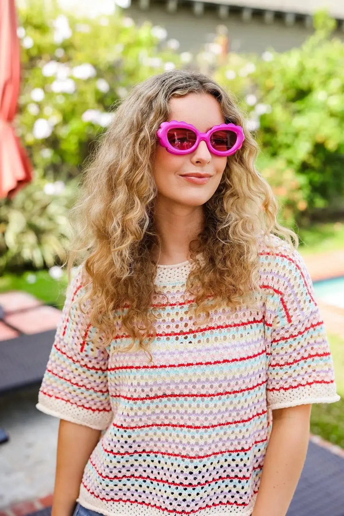 Fuchsia Oval Cat Eye Scalloped Sunglasses-2024 Blow-Out Sale-Evelyns Fashion