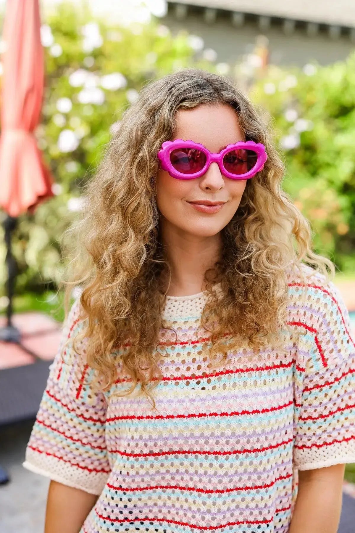 Fuchsia Oval Cat Eye Scalloped Sunglasses-2024 Blow-Out Sale-Evelyns Fashion