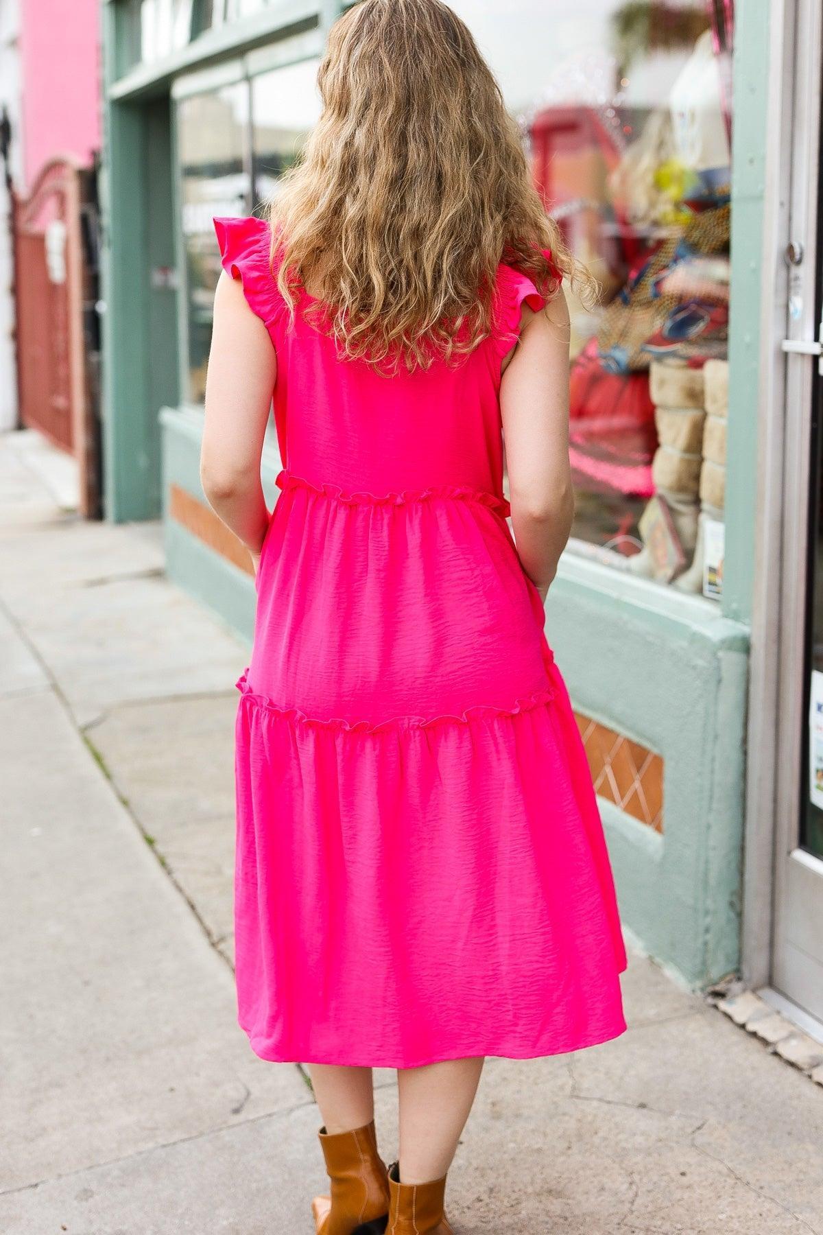 Fuchsia Smocked Midi Dress-Dresses-Evelyns Fashion