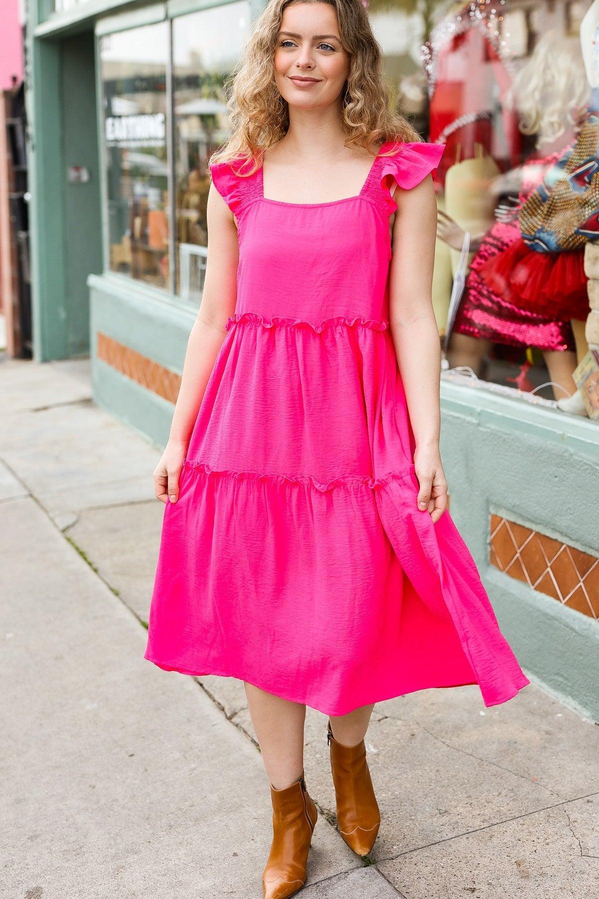 Fuchsia Smocked Midi Dress-Dresses-Evelyns Fashion