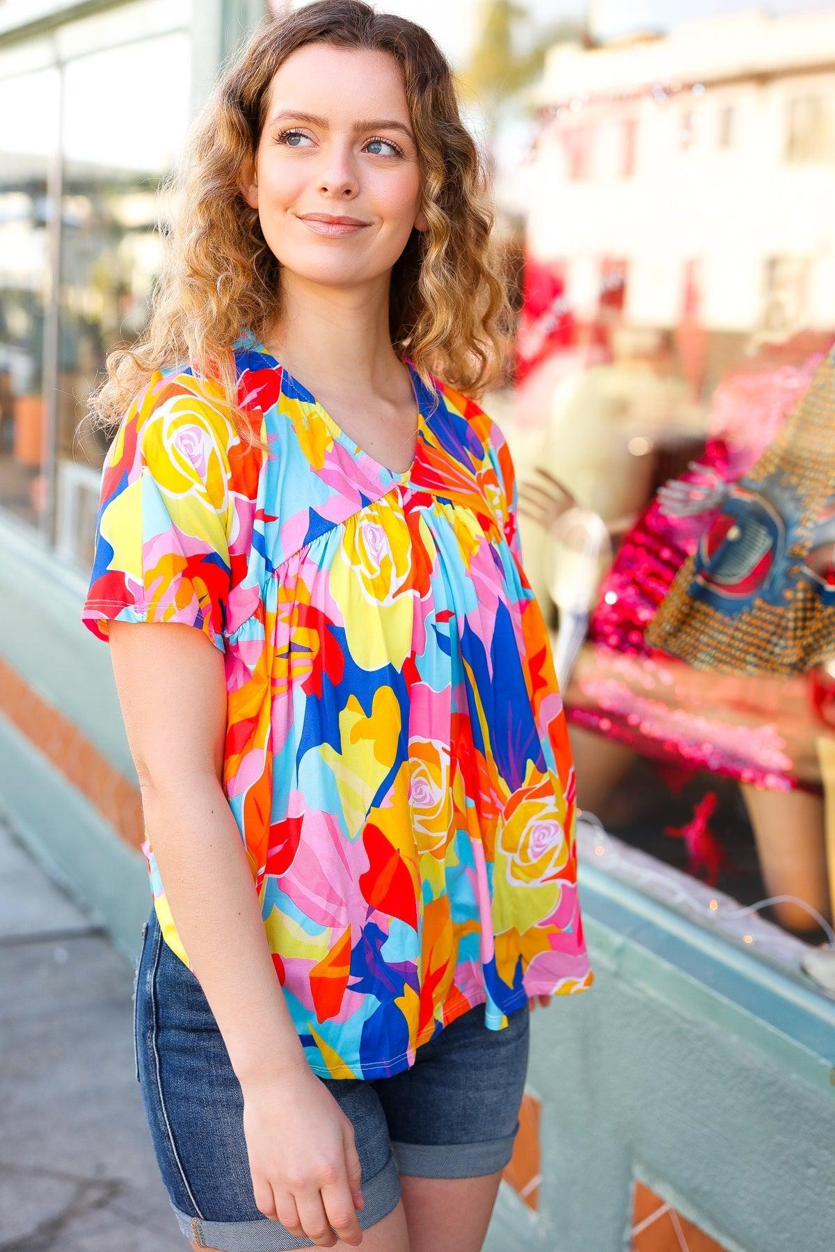Geometric Floral Dolman Top-Short Sleeve Blouse-Evelyns Fashion