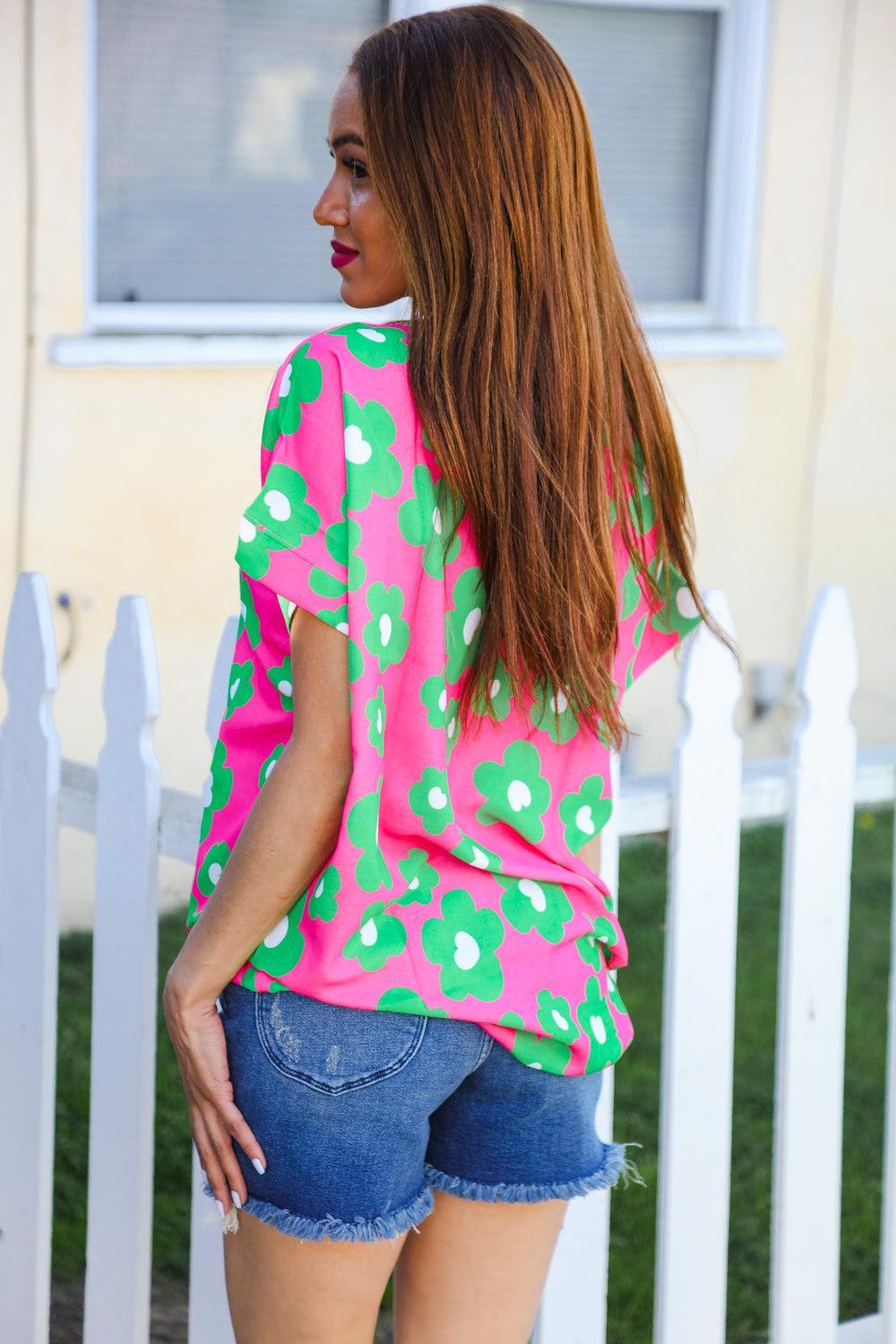 Green And Pink Print Blouse Top-Blouses-Evelyns Fashion