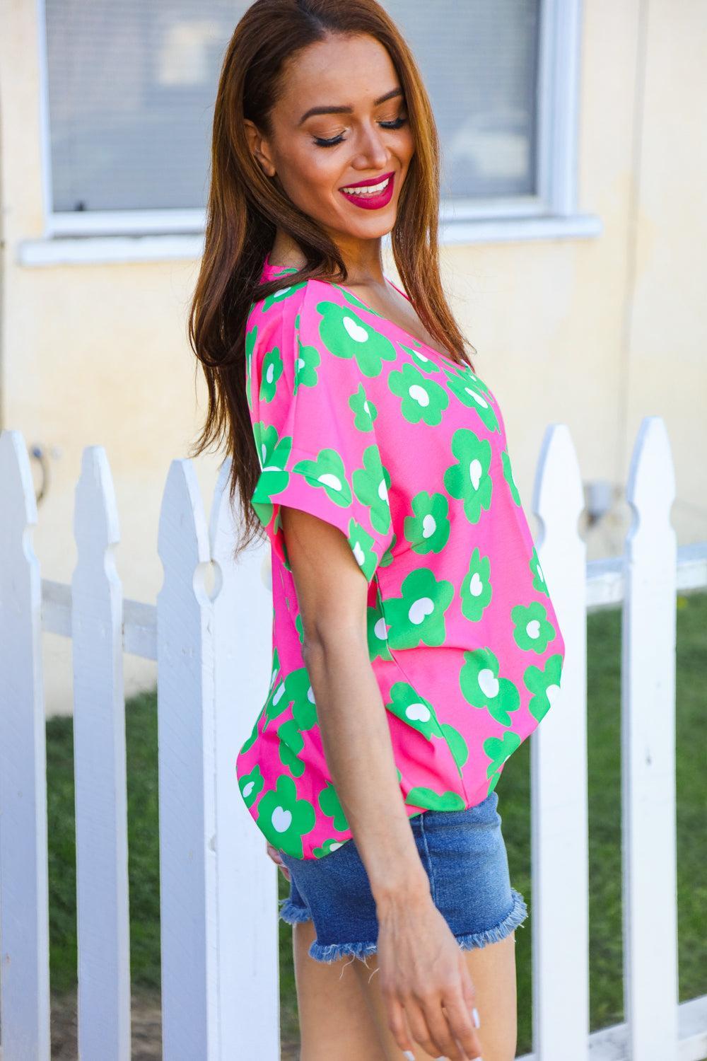 Green And Pink Print Blouse Top-Blouses-Evelyns Fashion
