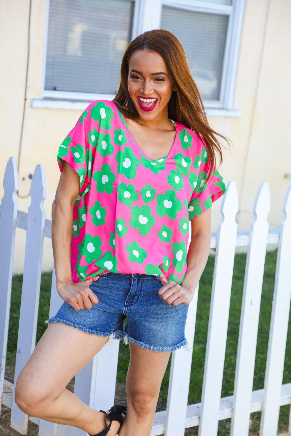 Green And Pink Print Blouse Top-Blouses-Evelyns Fashion