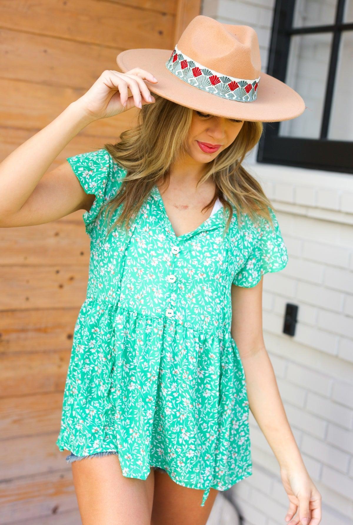Green Floral Babydoll Top-Short Sleeve Blouse-Evelyns Fashion