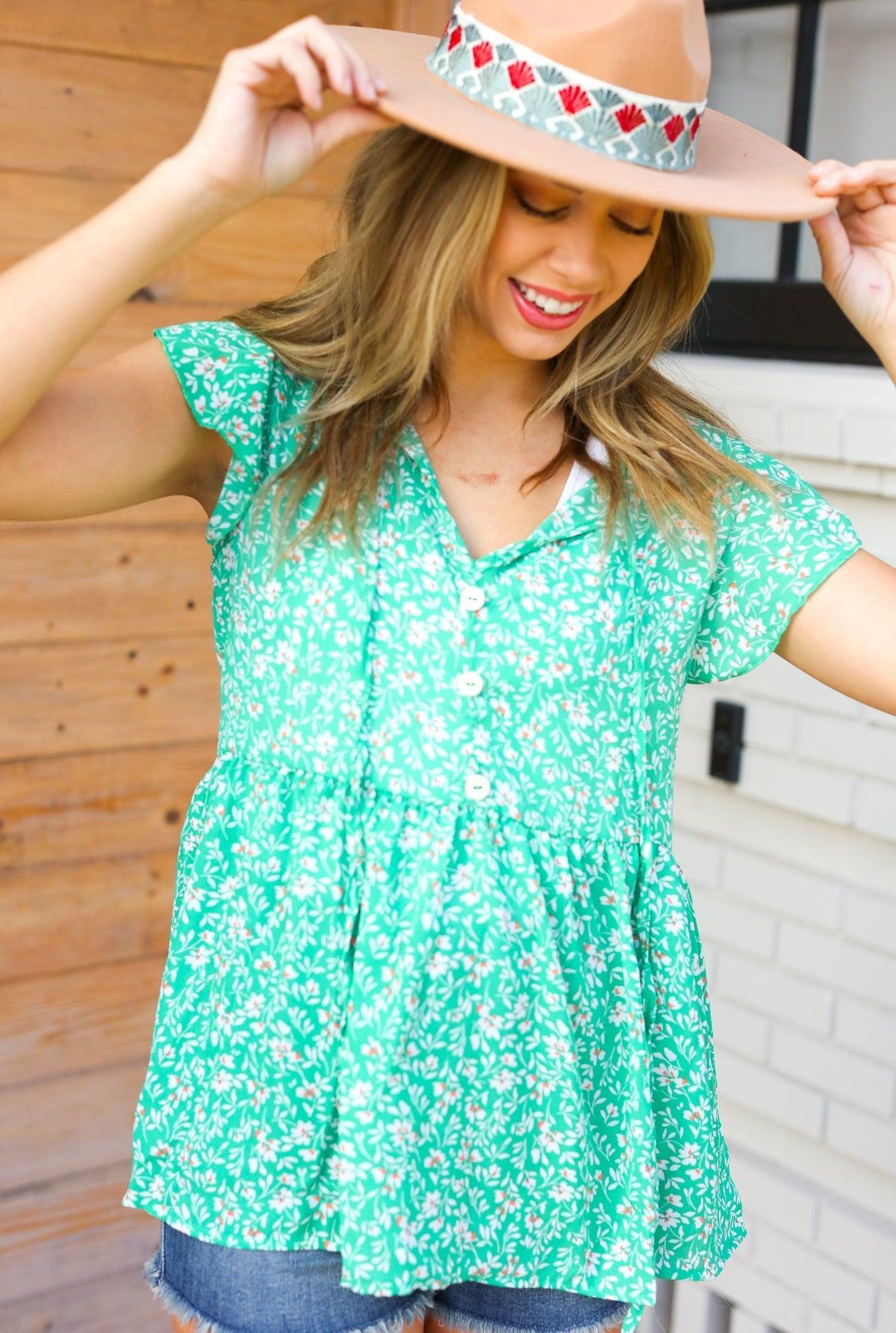 Green Floral Babydoll Top-Short Sleeve Blouse-Evelyns Fashion