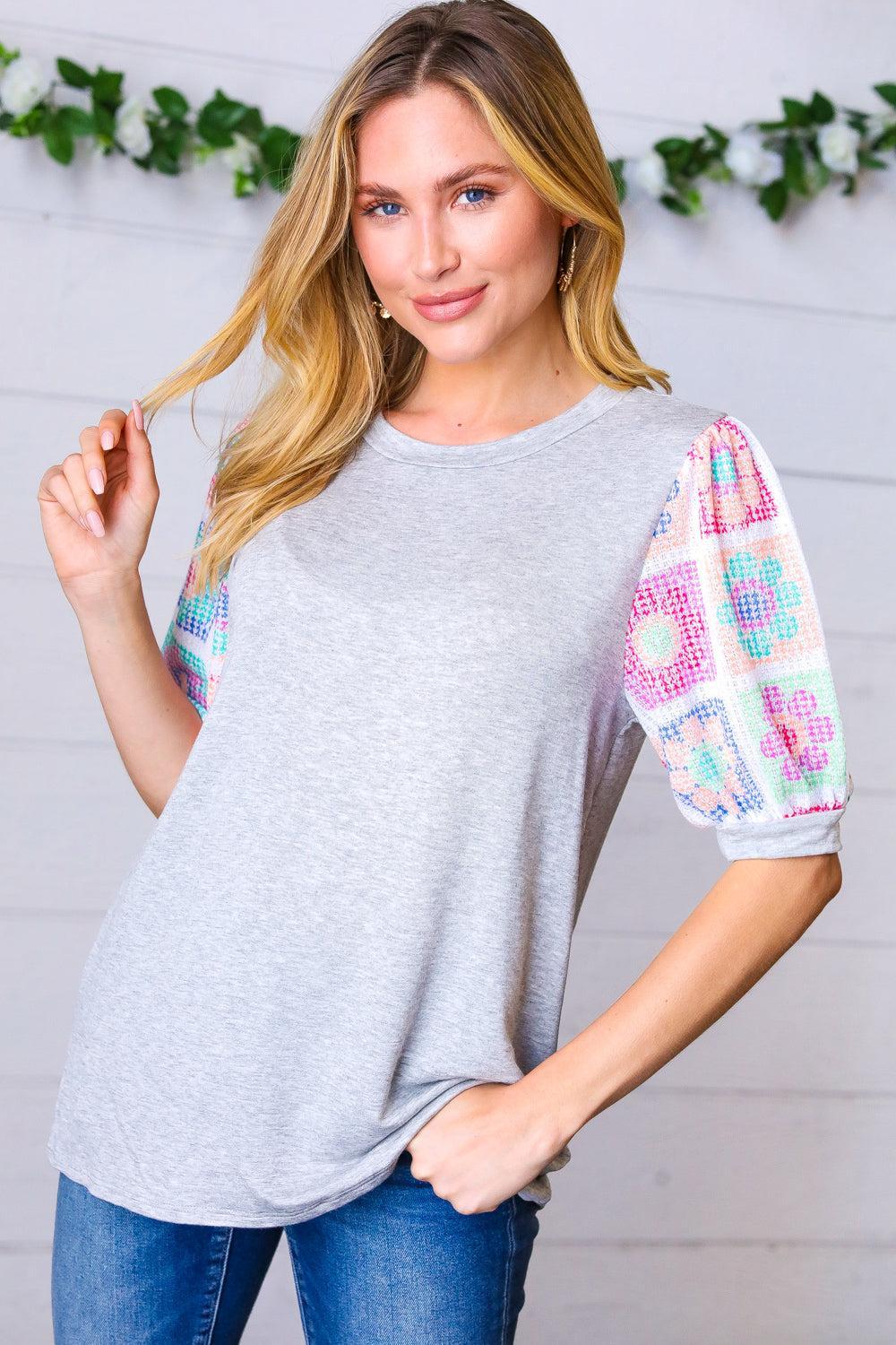 Grey Floral Crochet Puff Sleeve Top-Short Sleeve Blouse-Evelyns Fashion