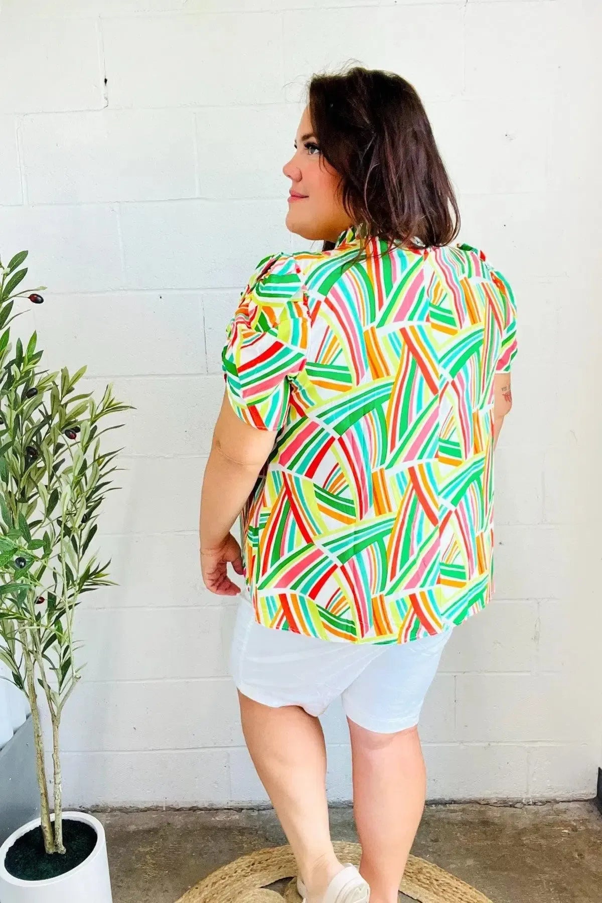 Hello Beautiful Green & Orange Geo Frill Notch Neck Puff Sleeve Top-2024 Blow-Out Sale-Evelyns Fashion