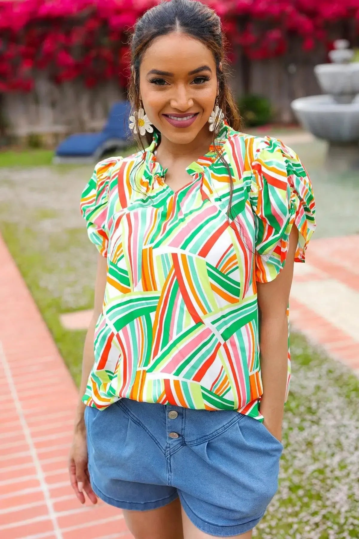 Hello Beautiful Green & Orange Geo Frill Notch Neck Puff Sleeve Top-2024 Blow-Out Sale-Evelyns Fashion