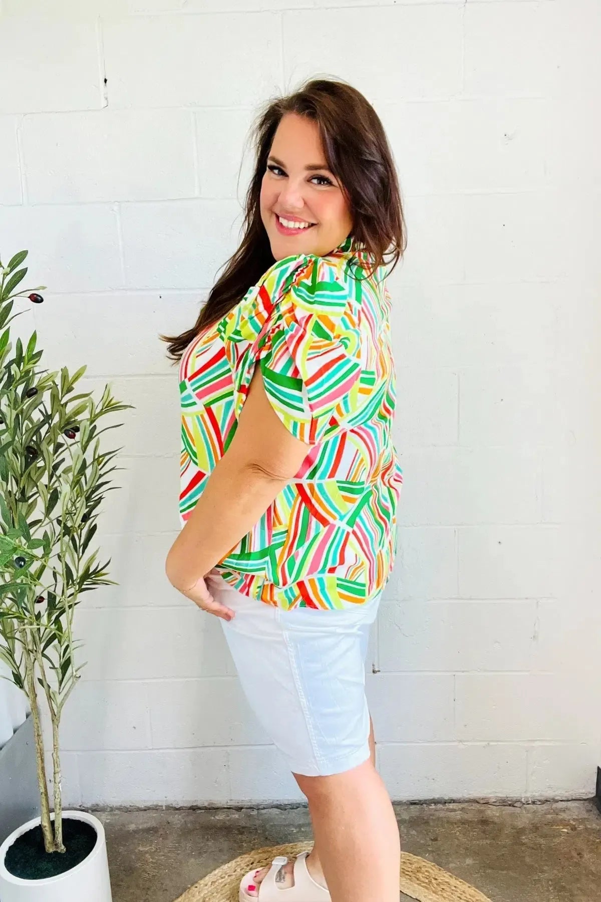 Hello Beautiful Green & Orange Geo Frill Notch Neck Puff Sleeve Top-2024 Blow-Out Sale-Evelyns Fashion