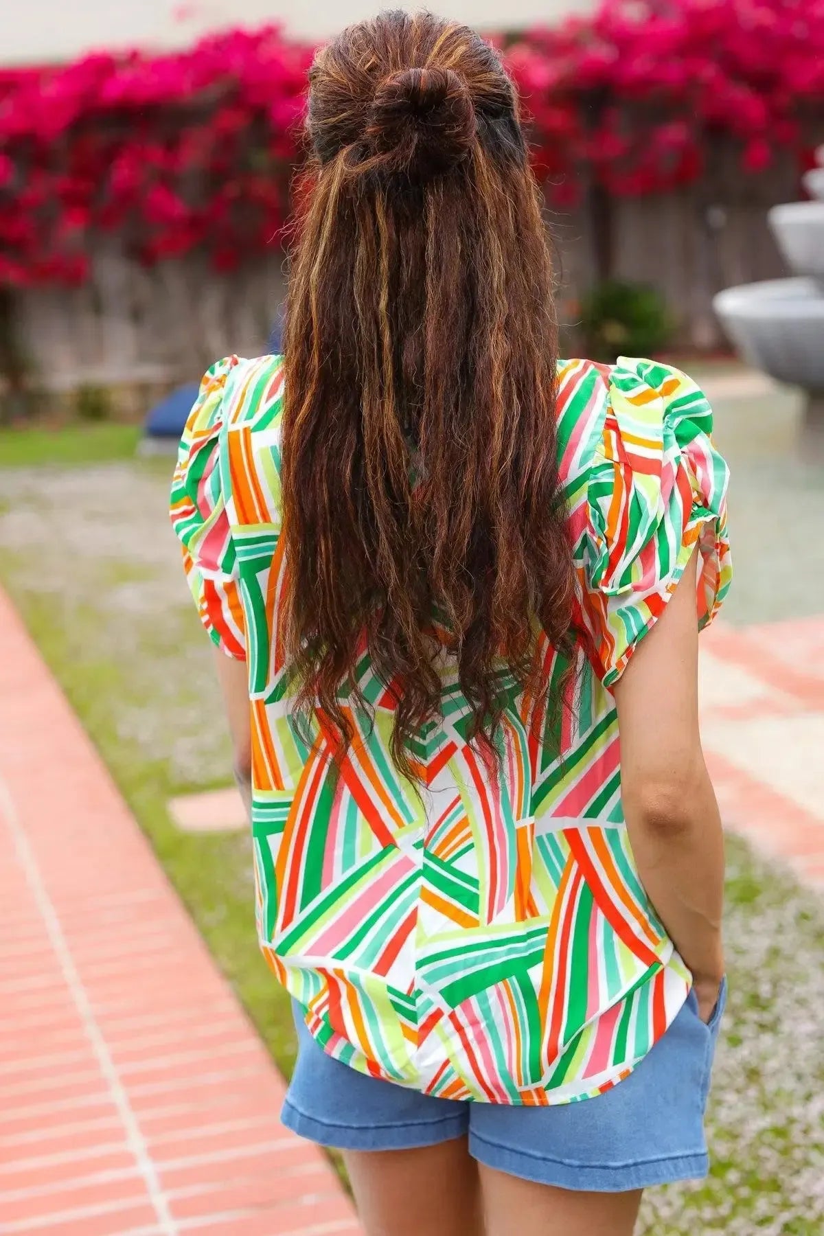 Hello Beautiful Green & Orange Geo Frill Notch Neck Puff Sleeve Top-2024 Blow-Out Sale-Evelyns Fashion