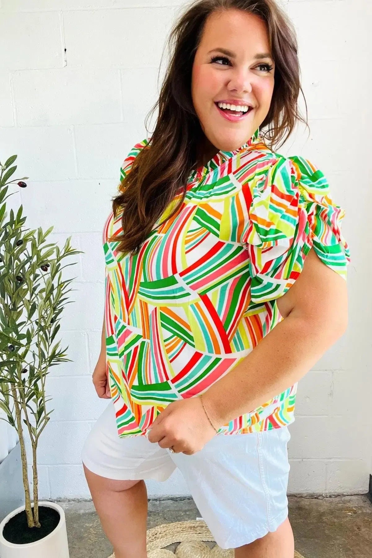 Hello Beautiful Green & Orange Geo Frill Notch Neck Puff Sleeve Top-2024 Blow-Out Sale-Evelyns Fashion
