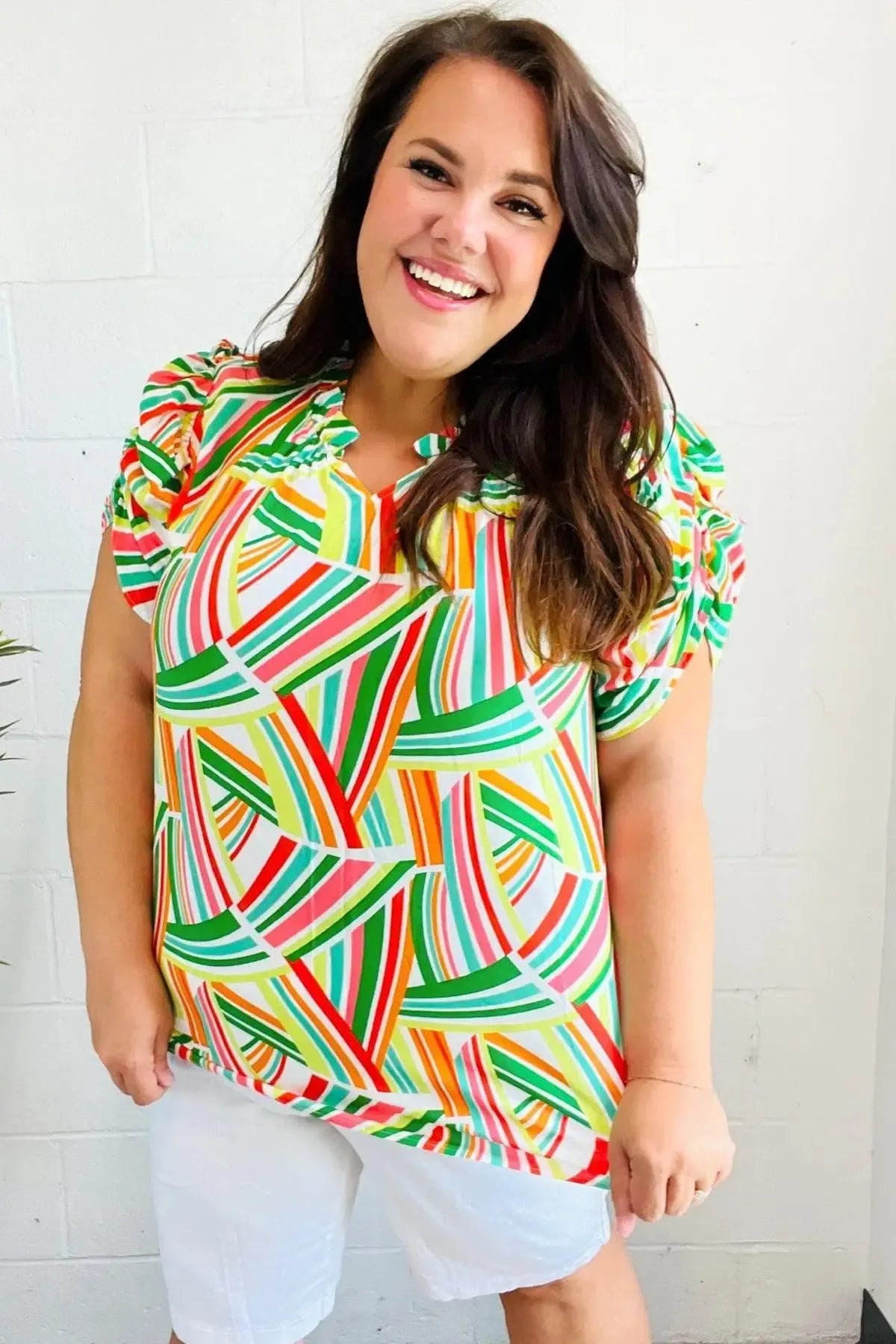 Hello Beautiful Green & Orange Geo Frill Notch Neck Puff Sleeve Top-2024 Blow-Out Sale-Evelyns Fashion