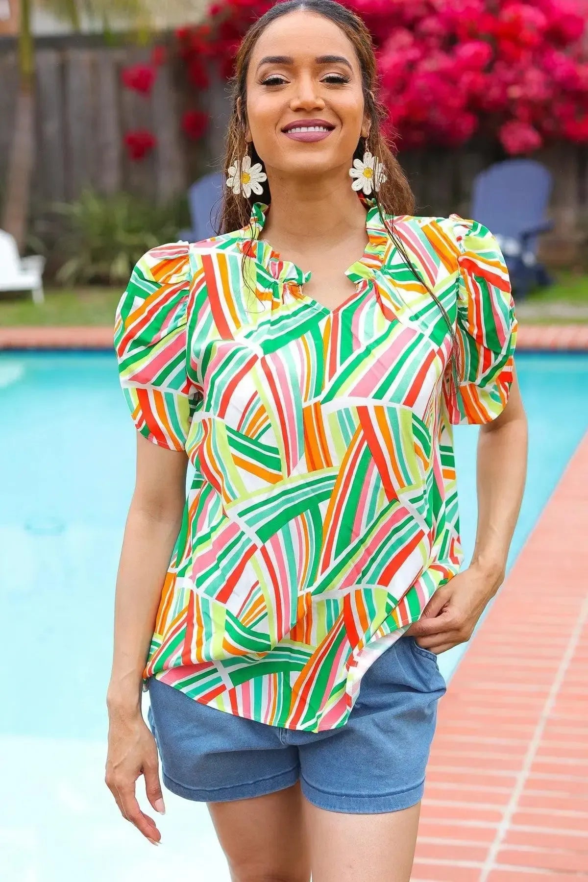 Hello Beautiful Green & Orange Geo Frill Notch Neck Puff Sleeve Top-2024 Blow-Out Sale-Evelyns Fashion