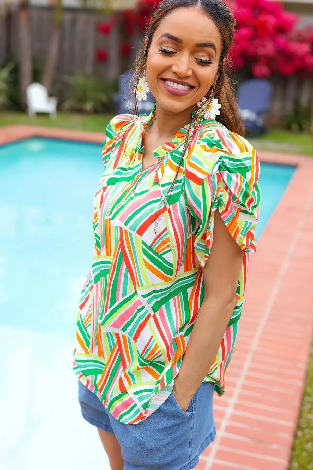 Hello Beautiful Green & Orange Geo Frill Notch Neck Puff Sleeve Top-2024 Blow-Out Sale-Evelyns Fashion