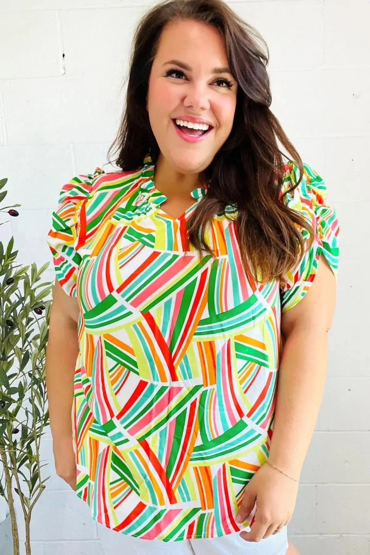 Hello Beautiful Green & Orange Geo Frill Notch Neck Puff Sleeve Top-2024 Blow-Out Sale-Evelyns Fashion