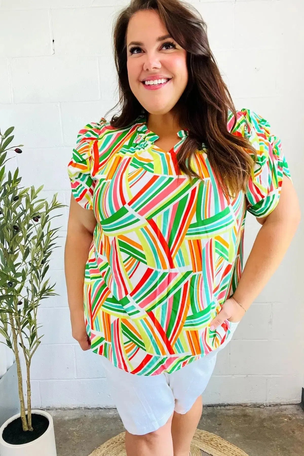 Hello Beautiful Green & Orange Geo Frill Notch Neck Puff Sleeve Top-2024 Blow-Out Sale-Evelyns Fashion