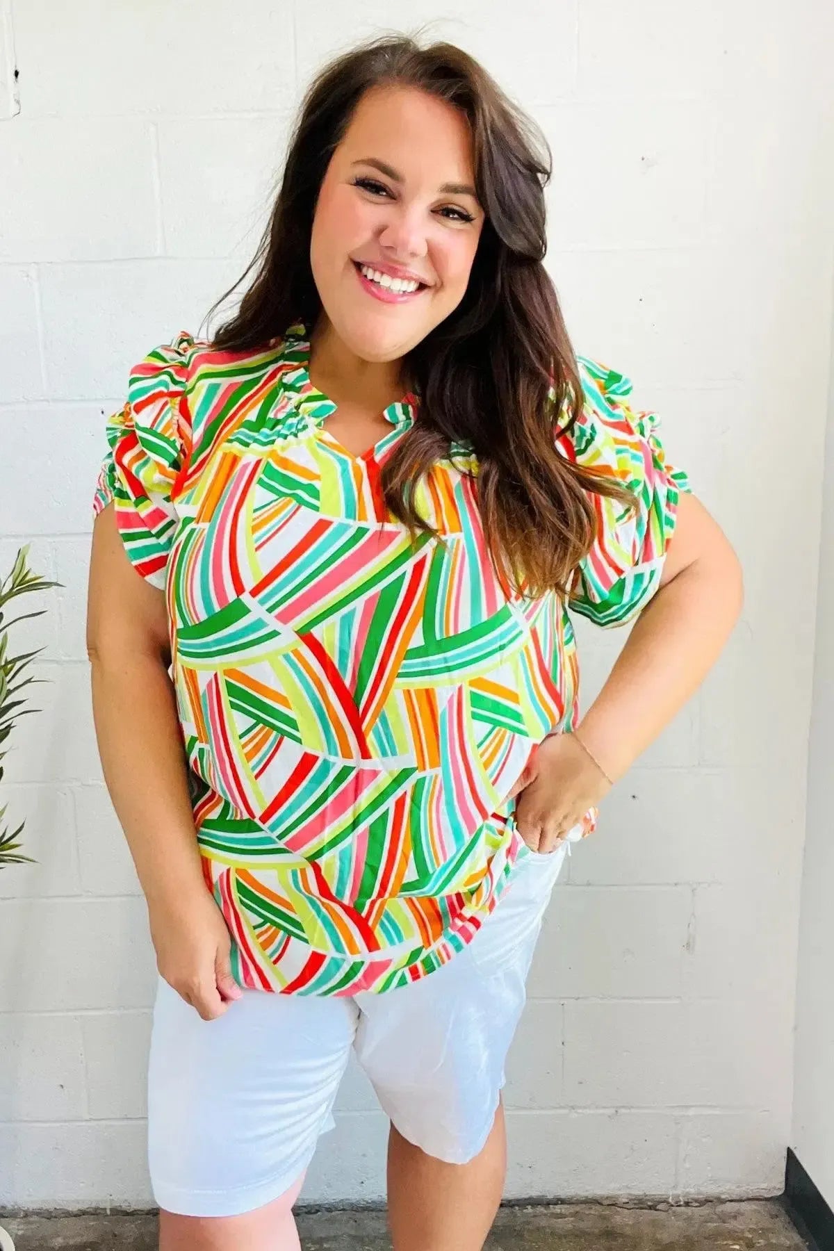 Hello Beautiful Green & Orange Geo Frill Notch Neck Puff Sleeve Top-2024 Blow-Out Sale-Evelyns Fashion