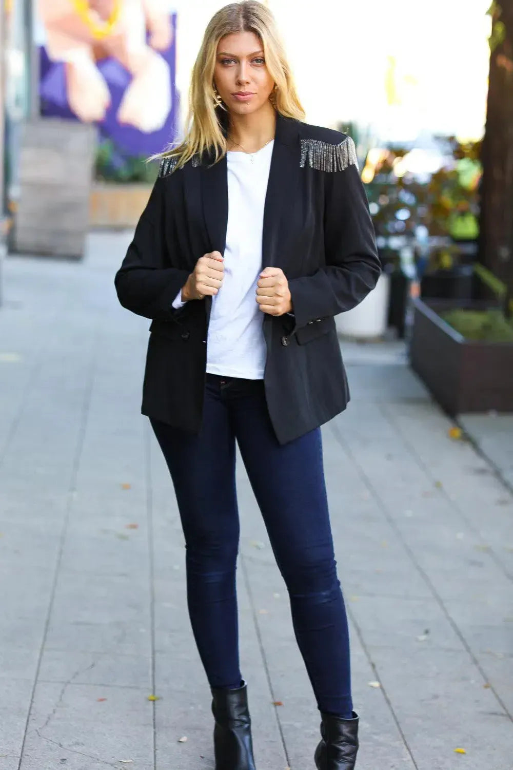 Holiday Ready Black Shoulder Tassel Fringe Blazer-2024 Blow-Out Sale-Evelyns Fashion