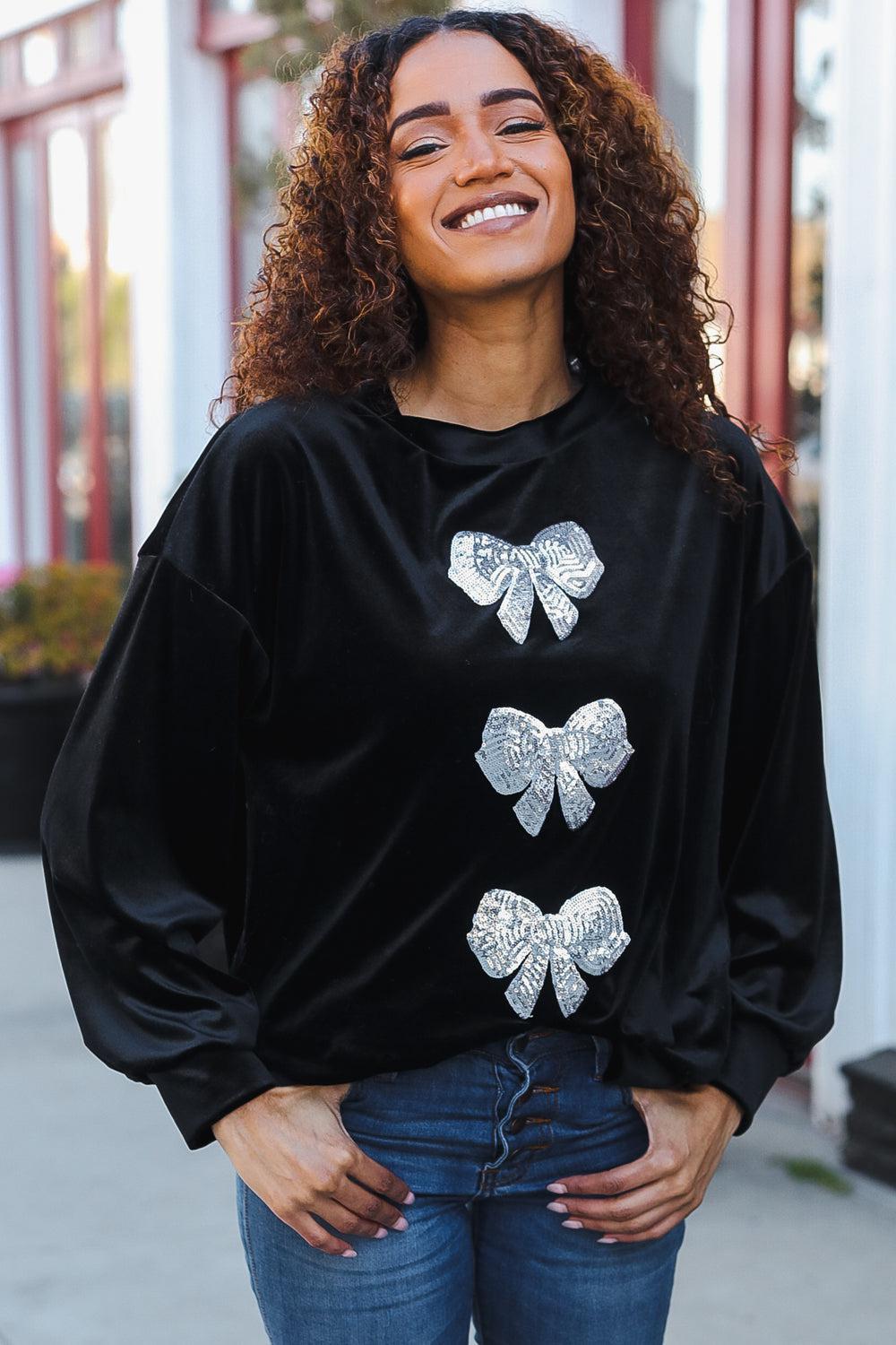 Home For The Holiday Silver Sequin Bow Velvet Pullover Top-2024 Blow-Out Sale-Evelyns Fashion