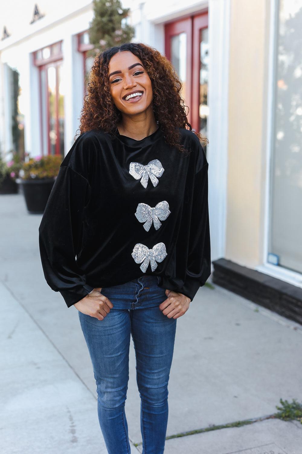 Home For The Holiday Silver Sequin Bow Velvet Pullover Top-2024 Blow-Out Sale-Evelyns Fashion