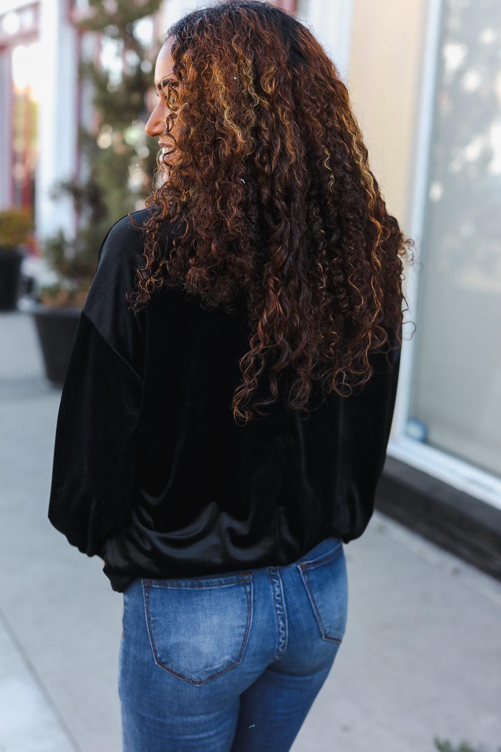 Home For The Holiday Silver Sequin Bow Velvet Pullover Top-2024 Blow-Out Sale-Evelyns Fashion