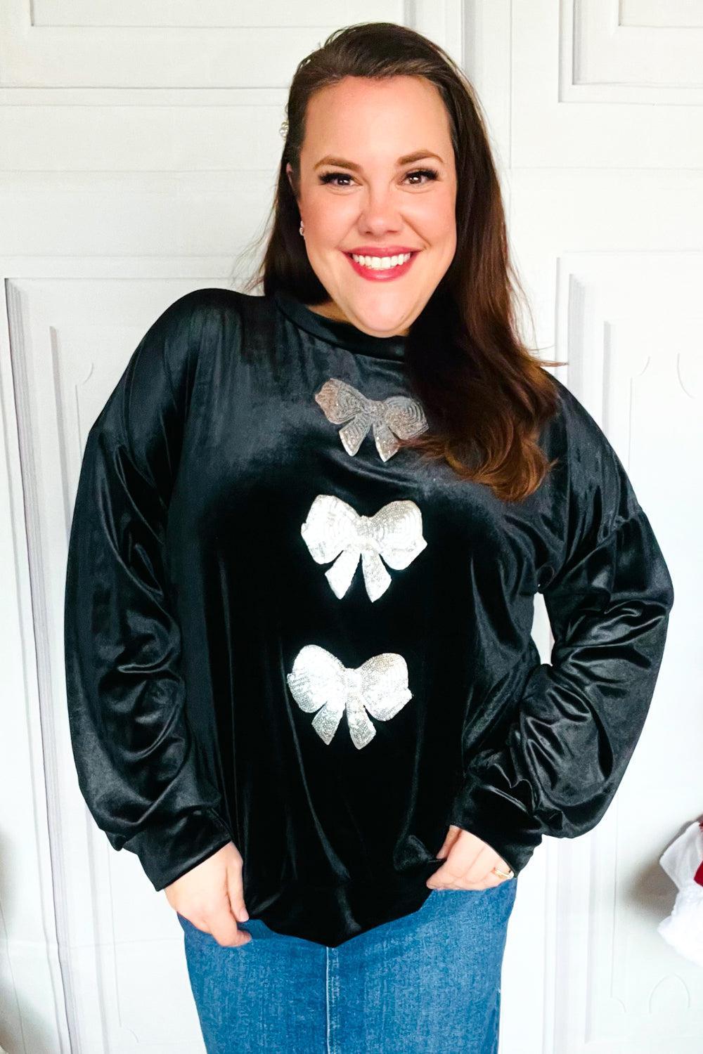 Home For The Holiday Silver Sequin Bow Velvet Pullover Top-2024 Blow-Out Sale-Evelyns Fashion