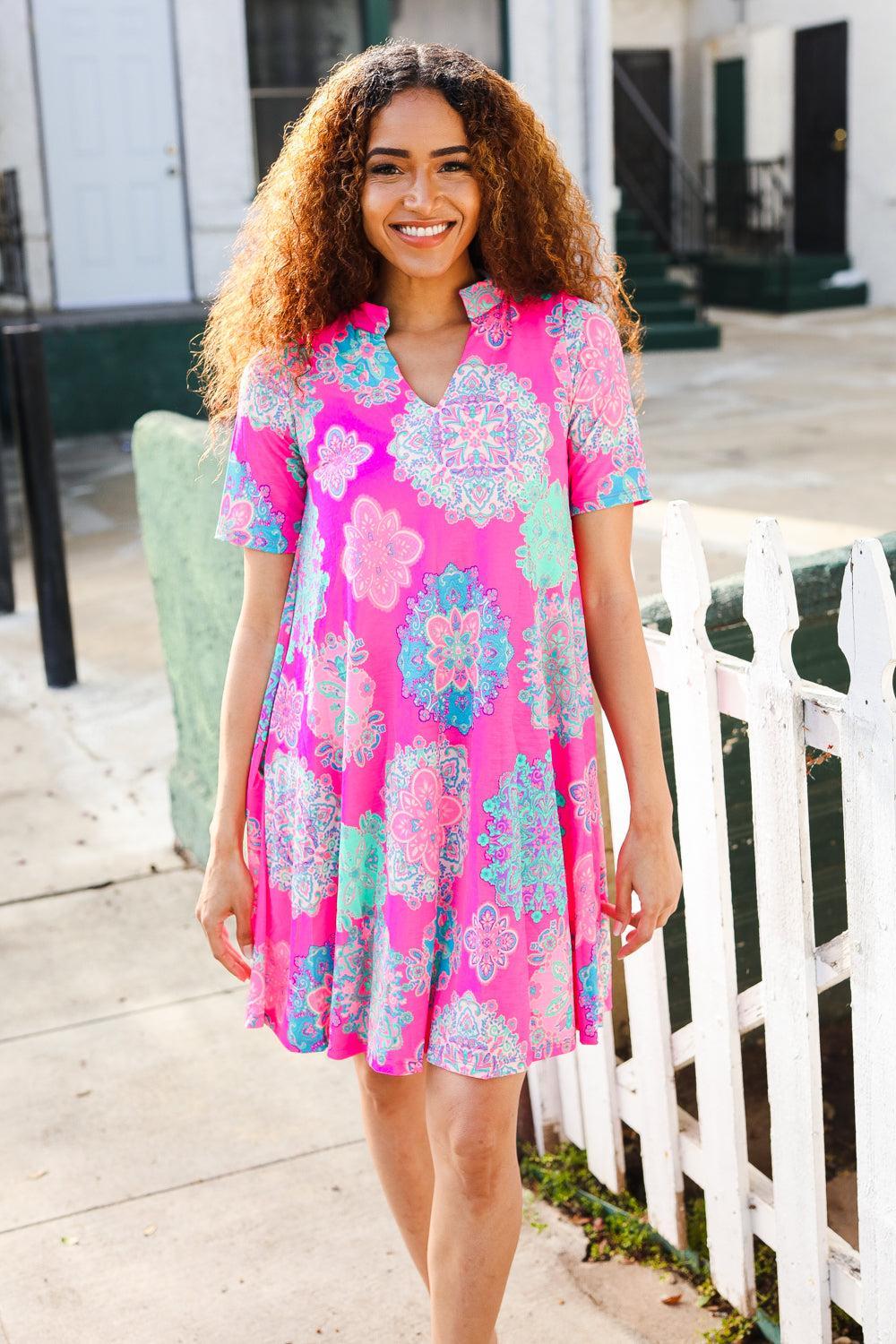 Hot Pink Mini Dress-Mini Dress-Evelyns Fashion