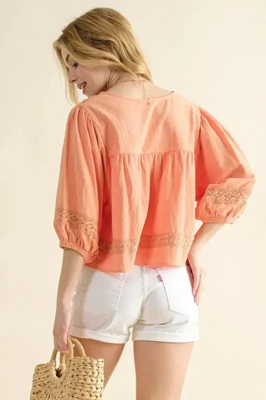 Lace Detailed V Neck Blouse-Apparel & Accessories-Evelyns Fashion