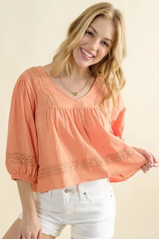 Lace Detailed V Neck Blouse-Apparel & Accessories-Evelyns Fashion