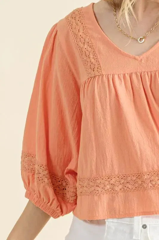 Lace Detailed V Neck Blouse-Apparel & Accessories-Evelyns Fashion